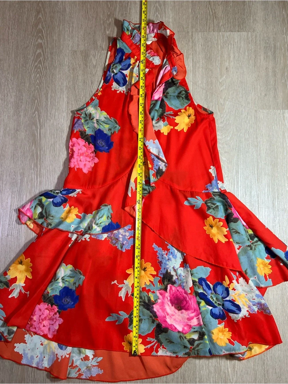 Red Floral Ruffle High Neck Summer Flowy Beach Sleeveless Dress Women's Size 4 - Picture 6 of 7